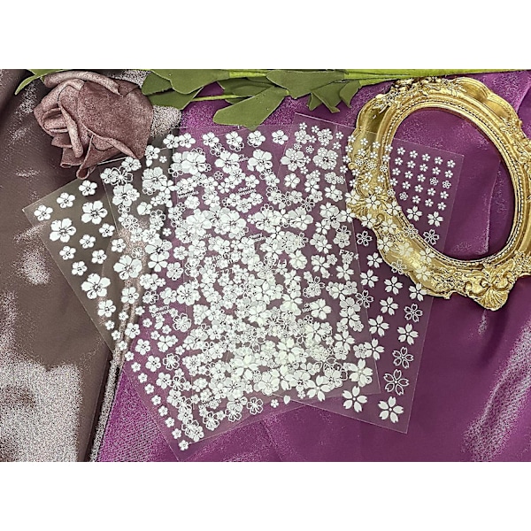 Blomster Nagelsticker Dekaler 4 Ark Vita Körsbärsblommor Nagelkonst Tillbehör 3d Självhäftande Nageldekoreringar Tillbehör Diy Akryl Nagelkonst Ap