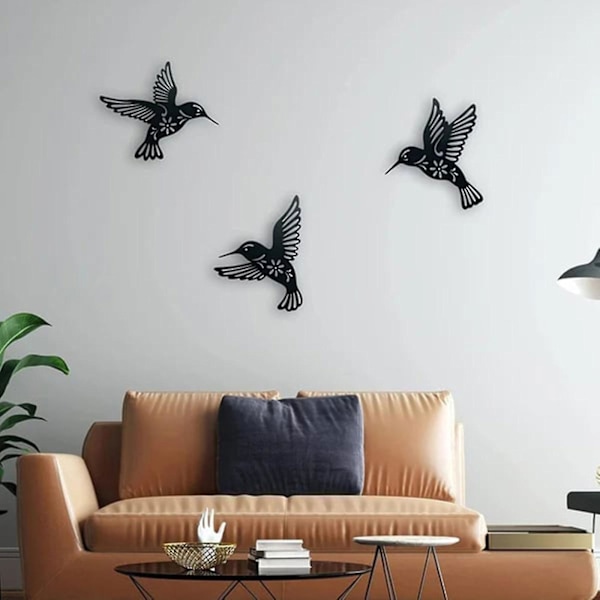 Metall Hummingbird väggkonstdekor, 9 tums set av 3 svarta kortfattad dekoration Hängande för vardagsrum Sovrum Badrum Kök Uteplats Balkong Hus Inomhus