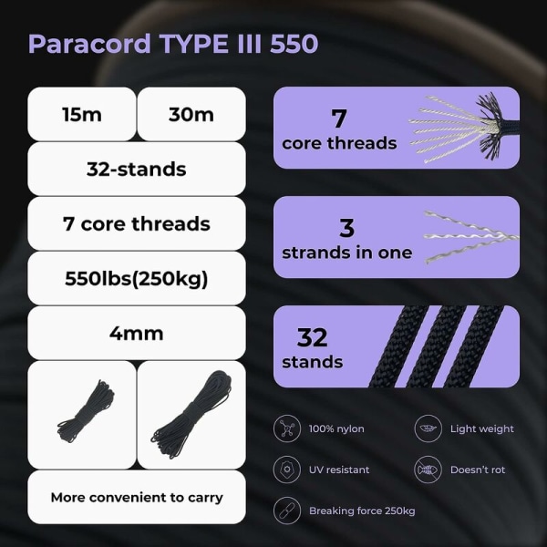 4 mm polyester Paracord 550 (15, 30 og 50 m) – 4 mm Type III, rivefast faldskærmssnor for overlevelse 100 % polyester med 7 tråde ensfarver