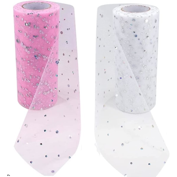 Paljett tyll mesh rulle 6 tum X 10 yards DIY kläder tyg tillbehör (rosa + vit)