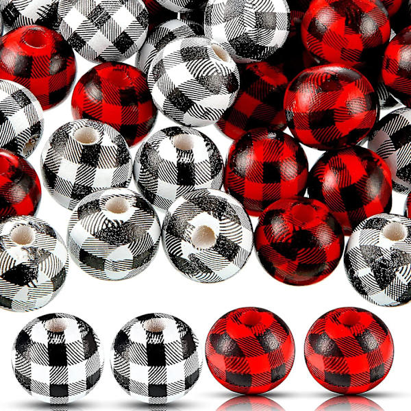 Rutnät Träpärlor Buffalo Plaid Tryck Lantliga Pärlor Polerade 100st