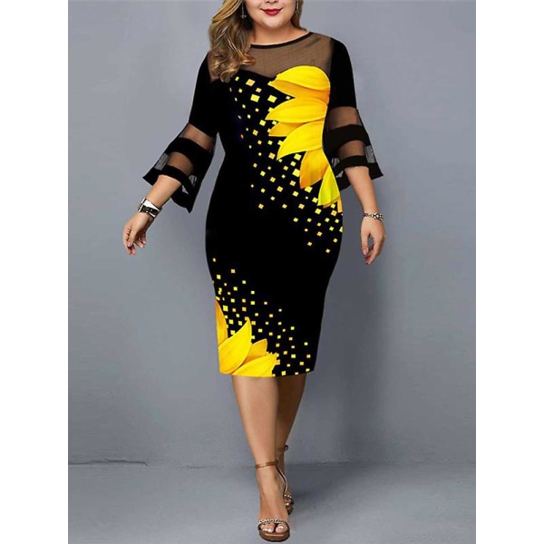 Spetsklänningar Plus Size Kvinna Casual Blommig Mesh Midi Spetsärm Fest Julklänning För 2022 Nyår Kläder A4XLYellow
