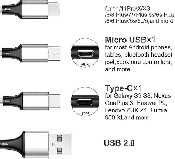 2 st Multi Usb Laddningskabel, 4 Ft Nylon Flätad, 3 i 1 Usb Snabbladdning (Silver - 2 st)