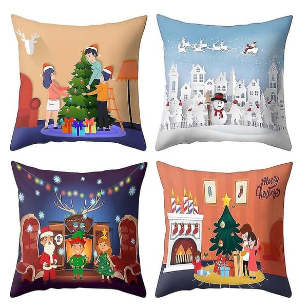 Jultryckt Kuddfodral Polyester Soffa Bil Kuddeöverdrag Heminredning 4st