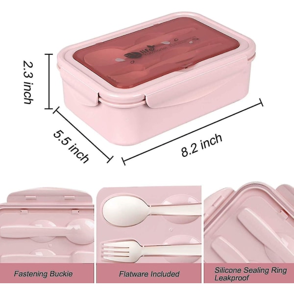 Lunchlådor, Bento-lådor, Lunchlådor, läckagesäkra lunchlådor för barn och vuxna, Bento-lunchlådor med 3 fack och bestick（rosa）