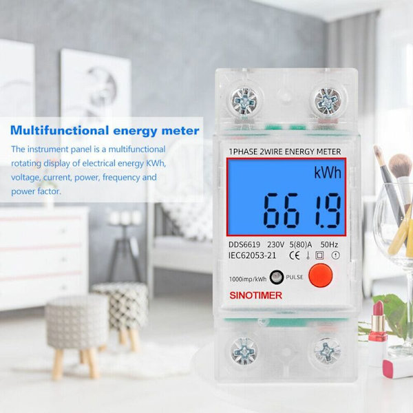 LCD Digital Elmätare 5 (80) A 230V Kalibrerad AC Elmätare DIN-skena Kilowatt Timmätare