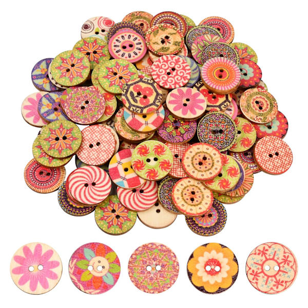100 st träknappar 20 mm runda retroknappar färgglada blommor geometrisk målning trä sy knapp 2 hål hantverk