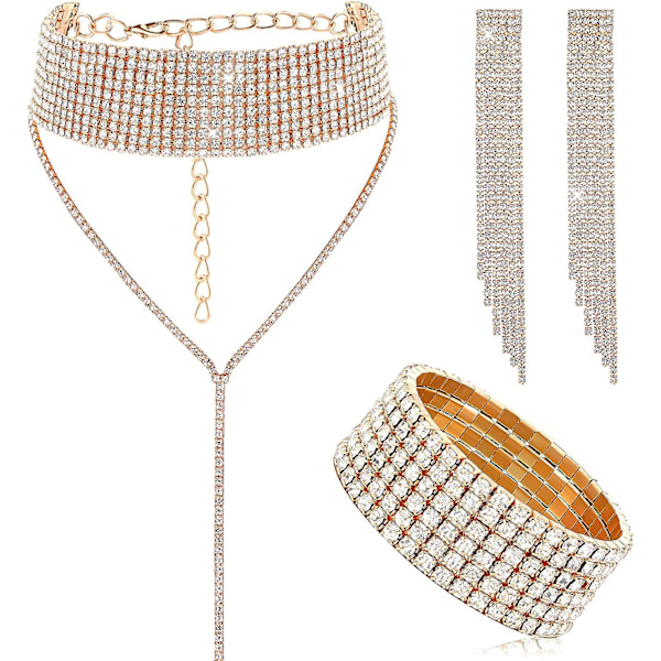 3-delat kvinnors strass tofs smyckesset choker armband örhängen för bröllop brudfest guld