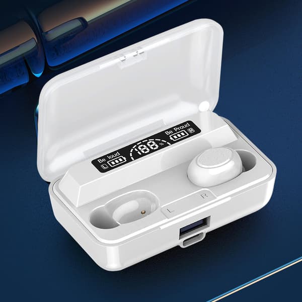 Binaural Digital Display Med Laddning Skatt Bluetooth Headset Tws5.0 Öronproppar 10x7.5x3.2cm Vit