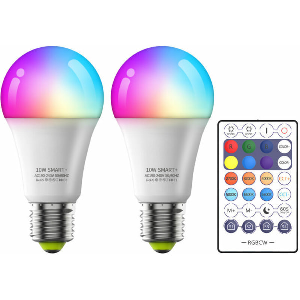 10W Smart Glühbirne Wi-Fi LEDs Birnen 2700K-6500K RGBW E27 Sprachsteuerung Timer für Home Party Decor (2 Packungen Glühbirne +1 Fernbedienung)
