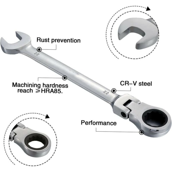 22 mm joustava ratkettava avain, pyörivä pää, metriikka, kromivanadiini