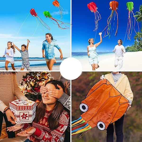 Octopus Kite 3-pack, lätt att flyga, 3d jätte drake med drake snöre rulle