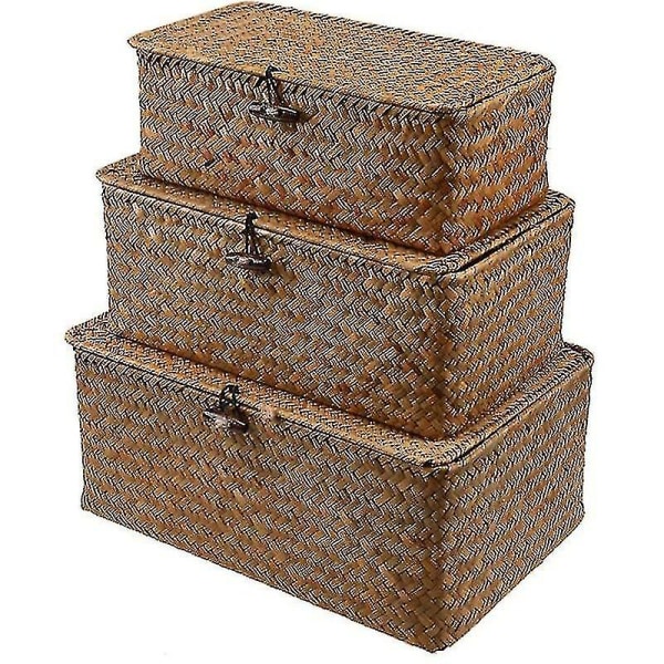 Vävd korg flätad korg med lock Seagrass Tvättservice Rotting Organizer Box för badrum Vardagsrum Kök