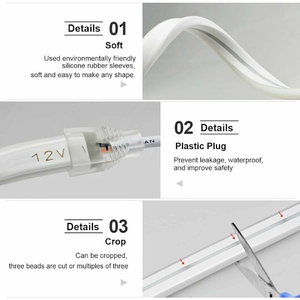 Flexibla neonljusremsor, dimbara vattentäta neon LED-remsor perfekta för heminredning utomhus, 12V remsljus (utan tillbehör) - Vit