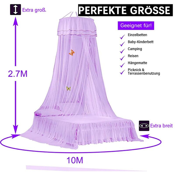Myggenet, Senghimmel, Rund Myggenet, Nem Installation, Højde 2,7m, Universal til 1,2-1,8 Senge, Pink
