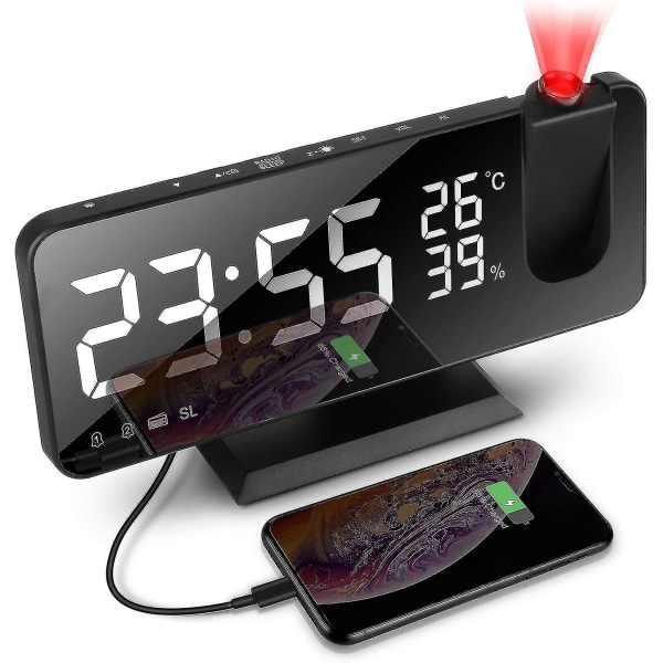 180 rotationsprojektionsväckarklocka 4 projektionsljusstyrkor med automatisk dimmer Snooze Dubbla larm Yo