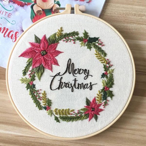 Heltäckande Broderi Korsstygn Präglad Julduk Present Blommig Set