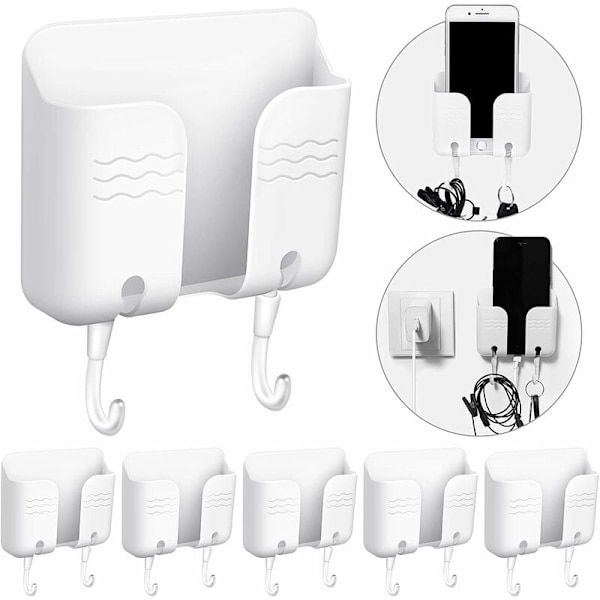 Väggmonterad förvaring för mobiltelefon, självhäftande mobiltelefonhållare och stativ, multifunktionell fjärrkontrollväggmontering, 6-pack (vit)
