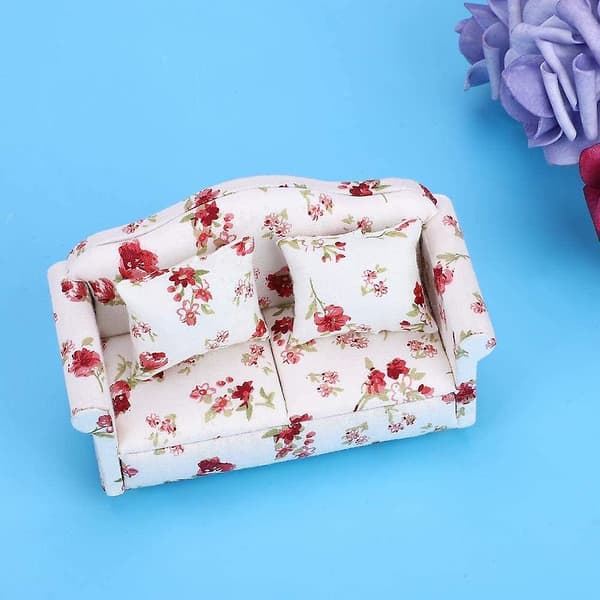 Dockhusmöbler soffa, 1/12 blommönster mini möbler soffa, lämplig för tillbehör