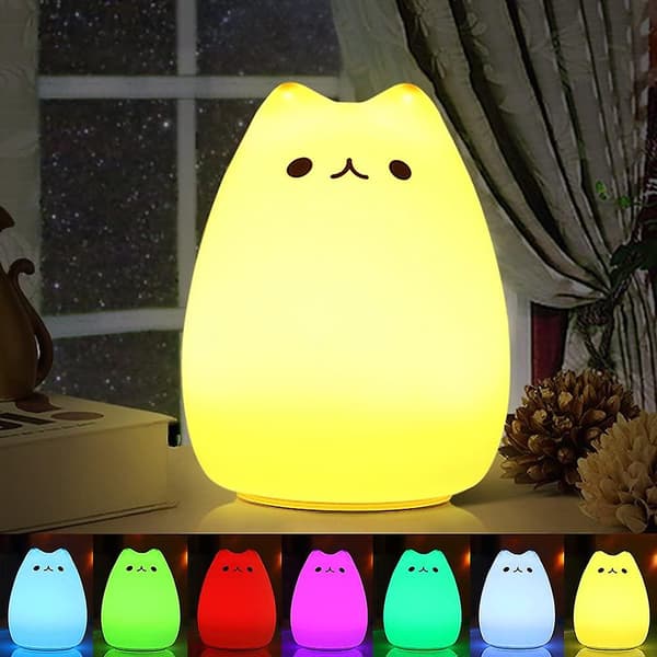 Natlampe barn, silikone LED sengelampe med 7 lysende touch USB opladningsmulighed natlampe