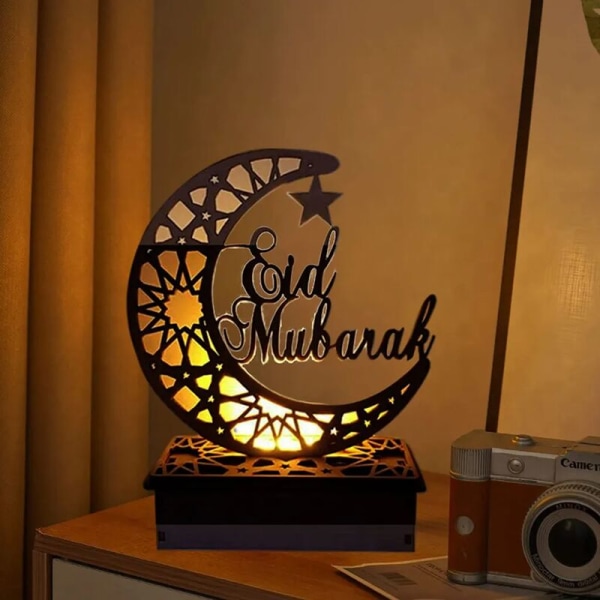 Eid Mubarak Natlys LED Ramadan Dekorativ Lampe Træ Håndværk Lys Muslim Islam Træ LED Lampe