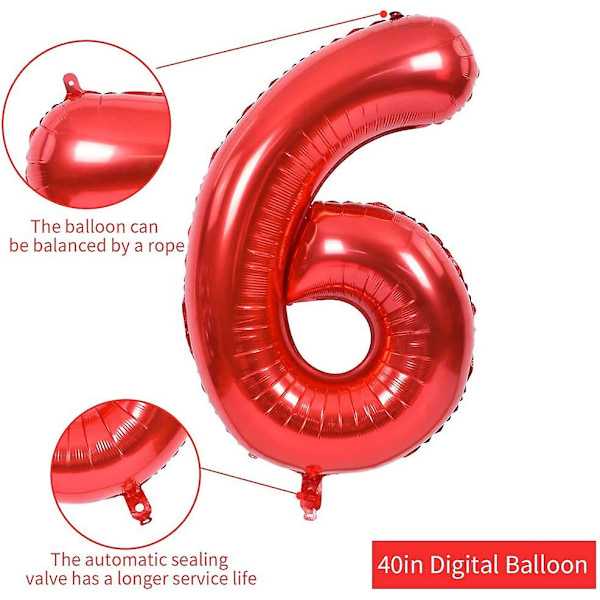 40 tuuman punaiset suuret numeropallot 0-9, numero 6 numeroa 6 helium-palloa, folio-mylar suuret numeropallot syntymäpäiväjuhliin vuosipäiväjuhliin koristeluun