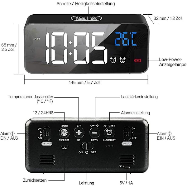 Digital väckarklocka med röststyrning och temperaturdisplay - LED-bordsklocka med spegellarm, dubbla larm, snooze och justerbar ljusstyrka dim