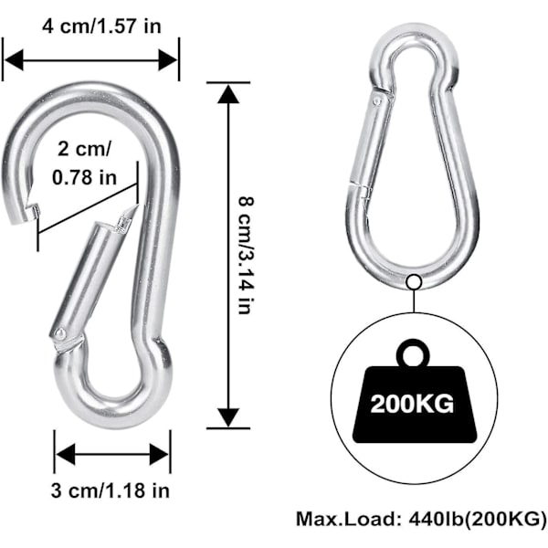 M8 Karabinhake - Rostfritt stål 304, kraftig karbinhake med snäppfäste, nyckelring för utomhuscamping, vandring, silver, 4 st