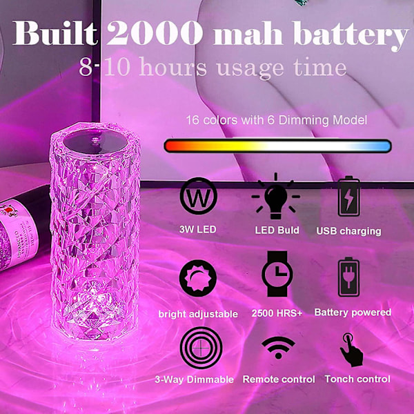 2023 Touch Bordlampe Krystall Led Nattlys, 16 Farger Oppladbar Rose Diamond Bordlampe Med Touch
