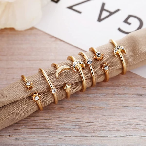 Baicccf Boho Gull Stakkbare Ringer For Kvinner Gull Knuckle Ringer Sett Enkle Stjerne Måne Blomst Ringer For Tenåringsjenter Stakkbare Estetiske Ringer Gaver For Tee