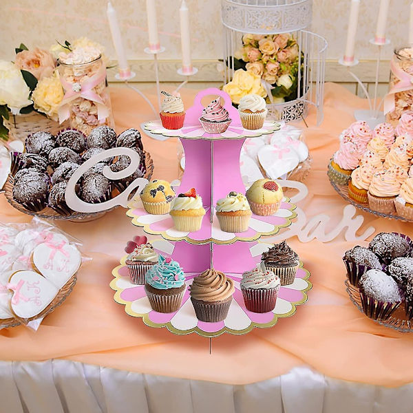 3-vånings tårta display kartong dessertbricka (rosa + grön) 2 stycken