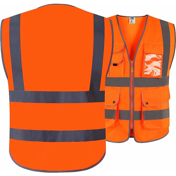 9-fickor Klass 2 Hög Synlighet Väst med Främre Reflekterande Remsor, Orange Uppfyller EN ISO 20471 Standarder - Unisex (X-Large)