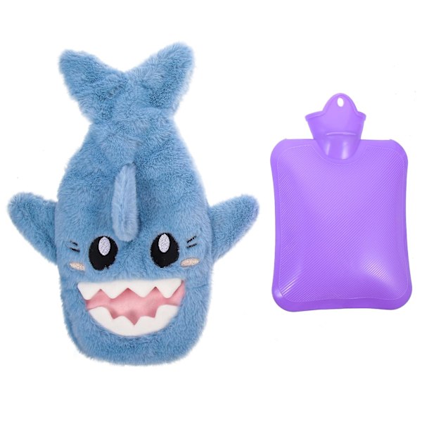 Varmvattenflaska med Handtag, Pluggbar, Vinterhajformad Överdrag, Varmvattenflaska för Vinterbruk (1000ml)