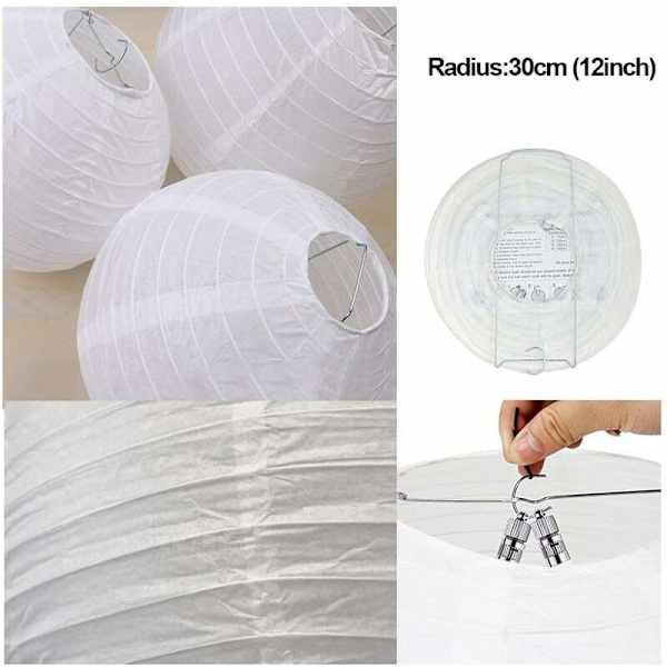 12 stk Papir Lanterne Lampskærm Lampion Hvid Bold Form til Bryllup Kirke Havefest Dekoration (Hvid)