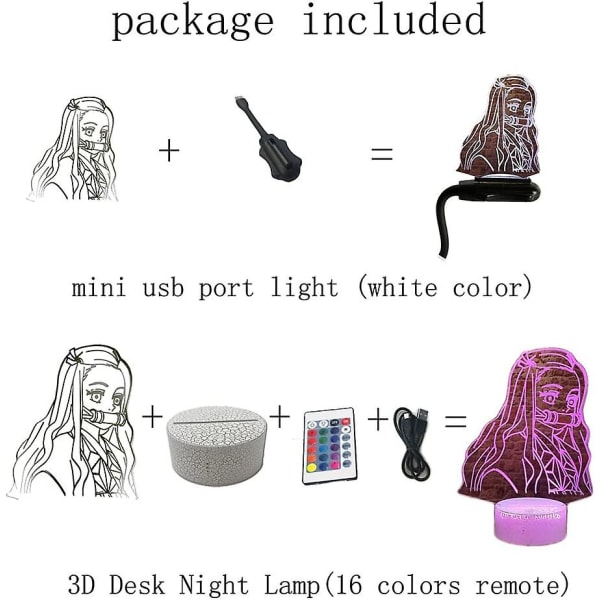Demon Slayer Kamado Nezuko 3D Illusion Anime Nattlys LED-lampe 16 farger RGB fjernkontroll romdekor for jentefest