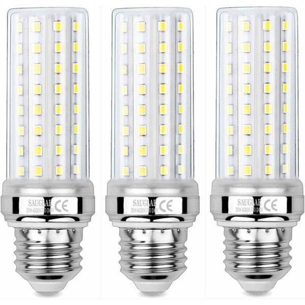 20W LED-majslampor, motsvarande 150W glödlampa, 2300LM, 4000K Neutralvit, E27 Edison-skruvlampor, 3 stycken