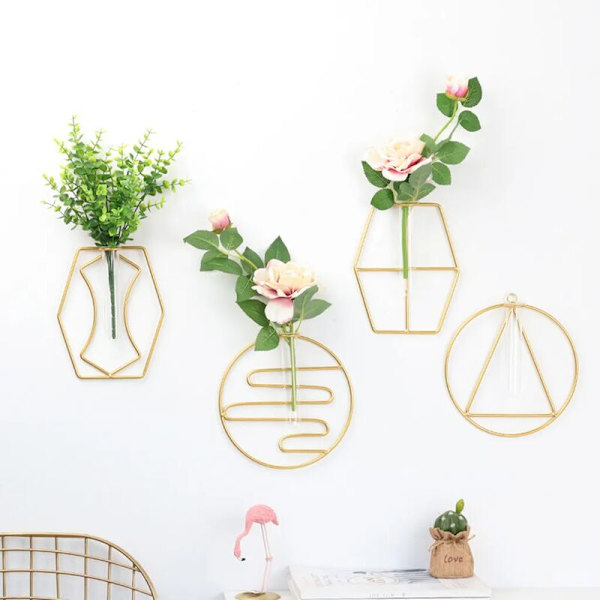 Kreativ torkad blomvas, väggmonterad smidesjärn växtglasbehållare, geometrisk form för vardagsrum, svart, ett cirkulärt mönster