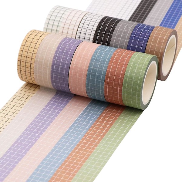 Grid Washi Tape Sæt, 14 Ruller Af 15 Mm Bred Dekorative Farvede Maskeringsbånd Til Scrapbooking, DIY Dekoration Og Håndværk, Bullet Journals, Planlæggere, Junk J