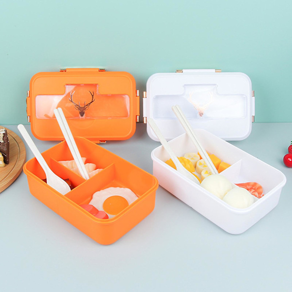 1 set lunchlåda med sked ätpinnar fack design plast skola kontor matförvaring behållare bento låda daglig användningiang（vit）
