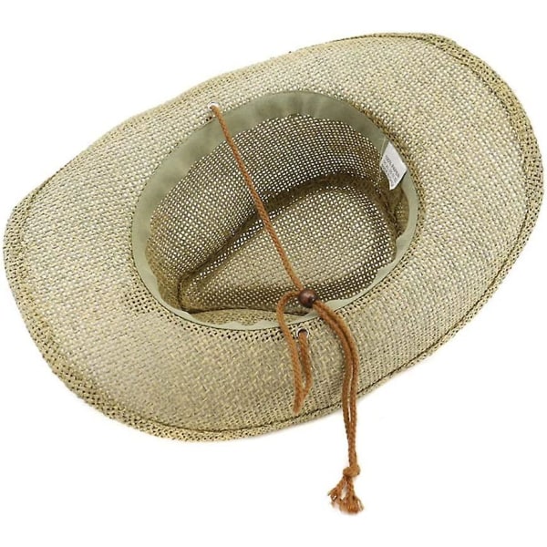 Utomhus cowboy halmhatt bred brättad solhatt med vindtät snöre som andas casual strandhatt (khaki färg)