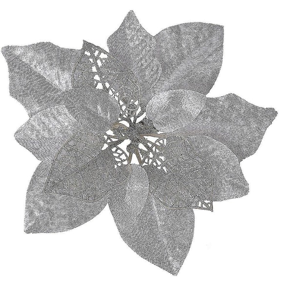 15 stycken julglitter konstgjorda julstjärna blommor, 8,7 tum konstgjorda bröllopsblommor dekorationer julgransprydnader（silver）
