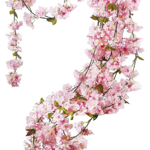 2-pack konstgjorda körsbärsblommiga girlander vägghängande körsbärsrankor siden blommig krans blommor sträng falska blommor krans