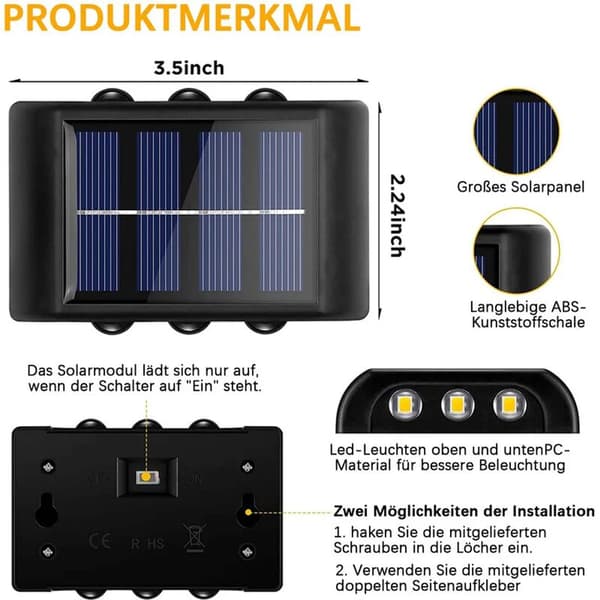 Udendørs solcelle væglamper, 6 LED solcelle hegn lamper, varmt lys, IP65 vandtæt