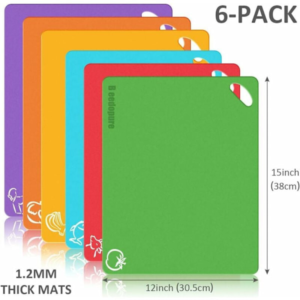 Skärbrädor, Extra tjocka flexibla skärbrädor i plast, Mattor med matsymboler och praktiska handtag (Set om 6)