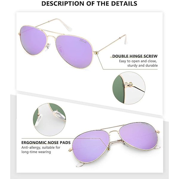 Wekity Classic Polariserad Aviator Solglasögon Uv Spegelglas Metall Retro Nyanser(lila)