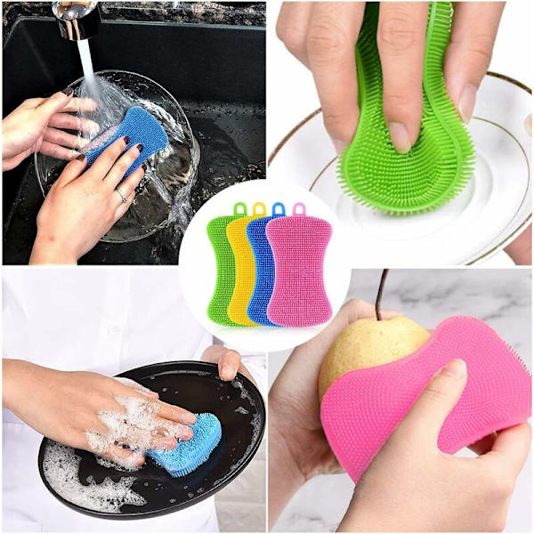 Silikonsvamp, 4 st multifunktionell kökssvamp, non-stick värmebeständig hushållsrengöringsborste, idealisk för disk, kastrull, grönsaker, frukt