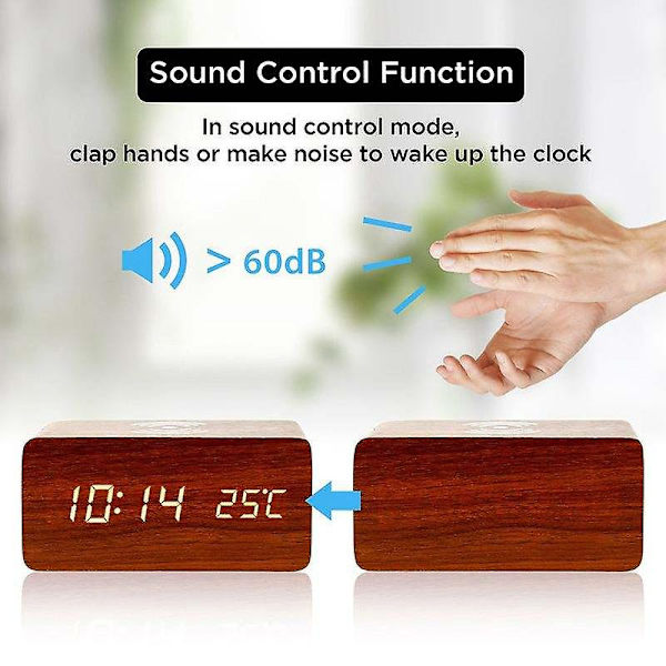 Trädigital väckarklocka FM-radio, snabb trådlös laddningsstation för iPhone/Samsung Galaxy, USB-laddningsport, sömntimer, trä LED-klocka för säng