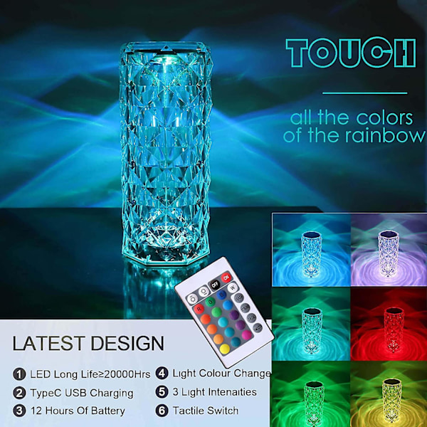 2023 Touch Bordlampe Krystall Led Nattlys, 16 Farger Oppladbar Rose Diamond Bordlampe Med Touch
