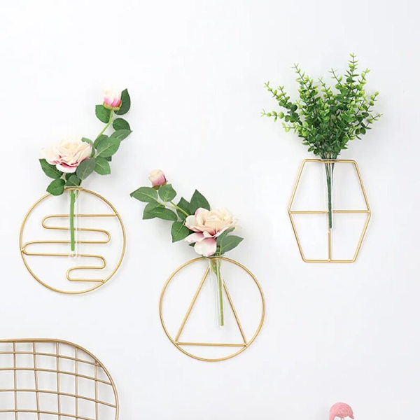 Kreativ tørret blomst vase, vægmonteret smedejern plante glasbeholder, geometrisk form til stue, sort, et cirkulært mønster