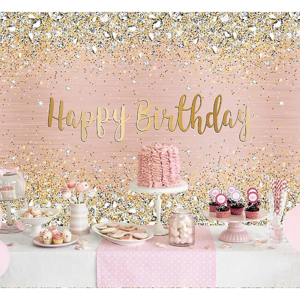 Hyvää syntymäpäivää Taustakangas Timantit Kiiltävät Bokeh Vaaleanpunainen Ja Kulta Piste Glitter Sparkle Valokuvaustaustaksi Tyttöjen Juhliin Koristeluun (110cm*180cm)